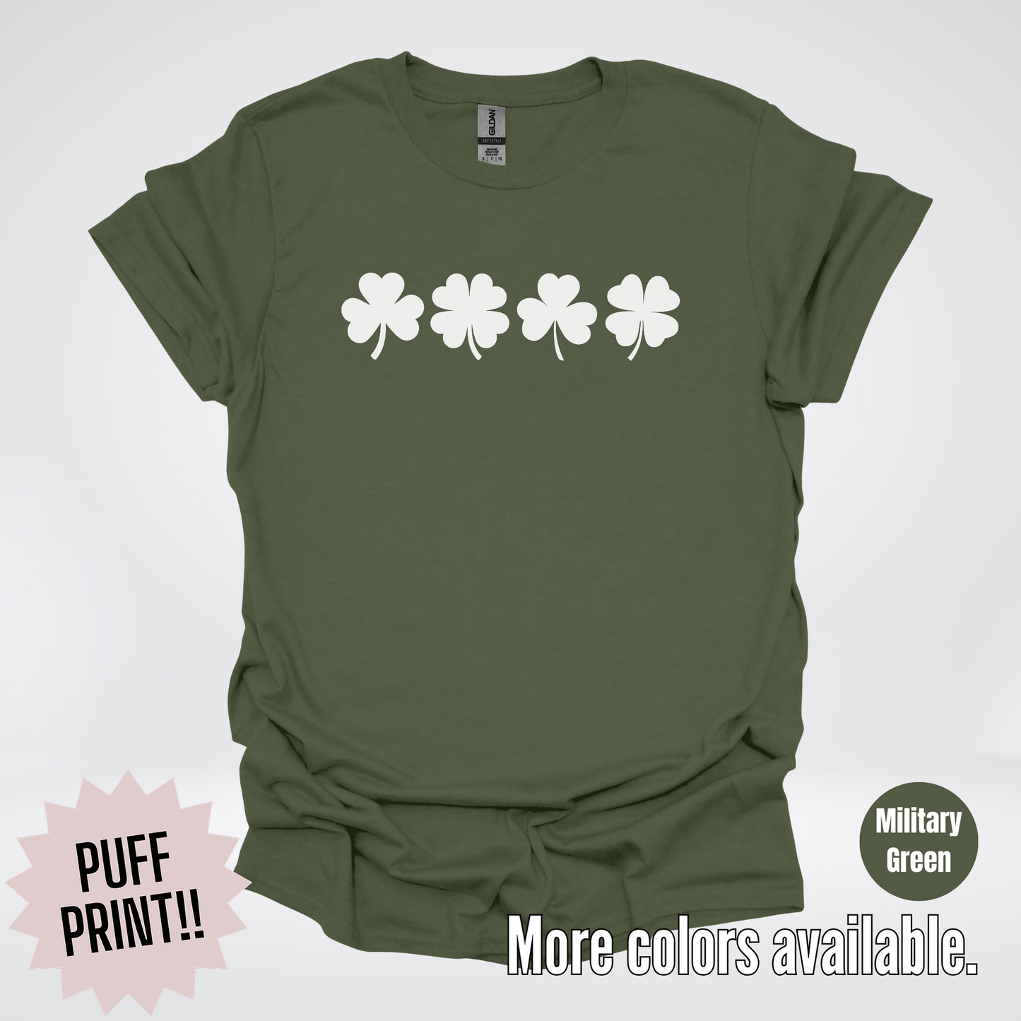 Four Puff Print Clovers - White Design - St. Patrick's Day T-Shirt