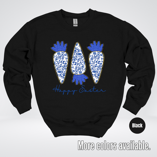 Blue Toile Chinoiserie Grandmillennial Happy Easter And Carrots Crewneck Sweatshirt
