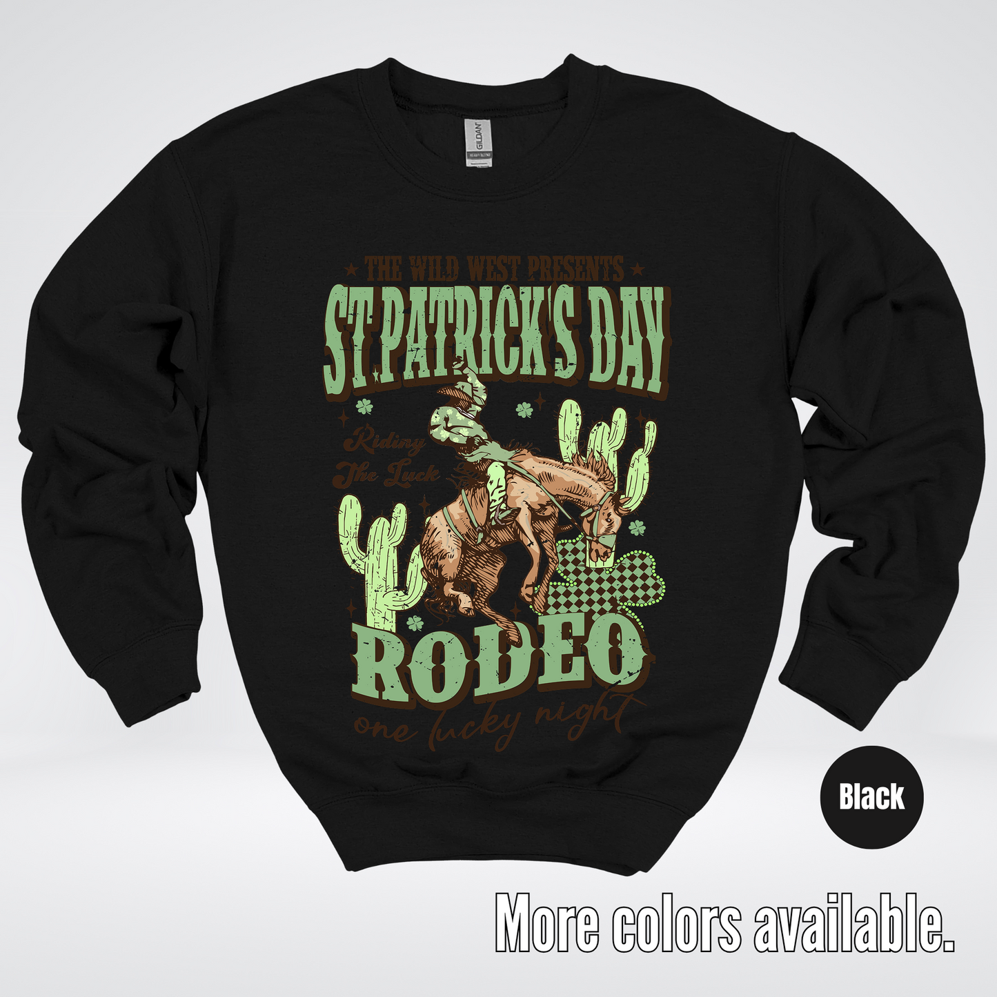 Saint Patrick’s Day Rodeo One Lucky Night Distressed Crewneck Sweatshirt