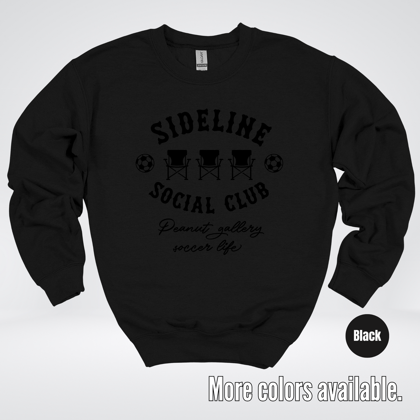 Sideline Social Club Peanut Gallery Soccer Life – Black Design – Crewneck Sweatshirt