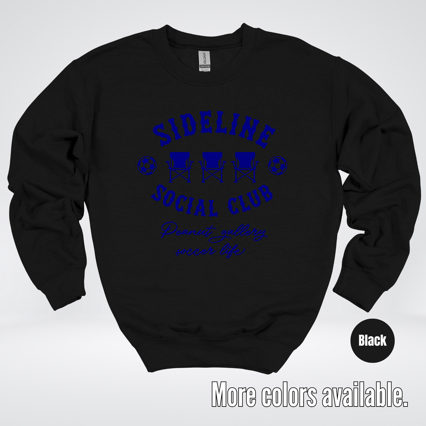Sideline Social Club Peanut Gallery Soccer Life – Navy Design – Soccer Crewneck Sweatshirt