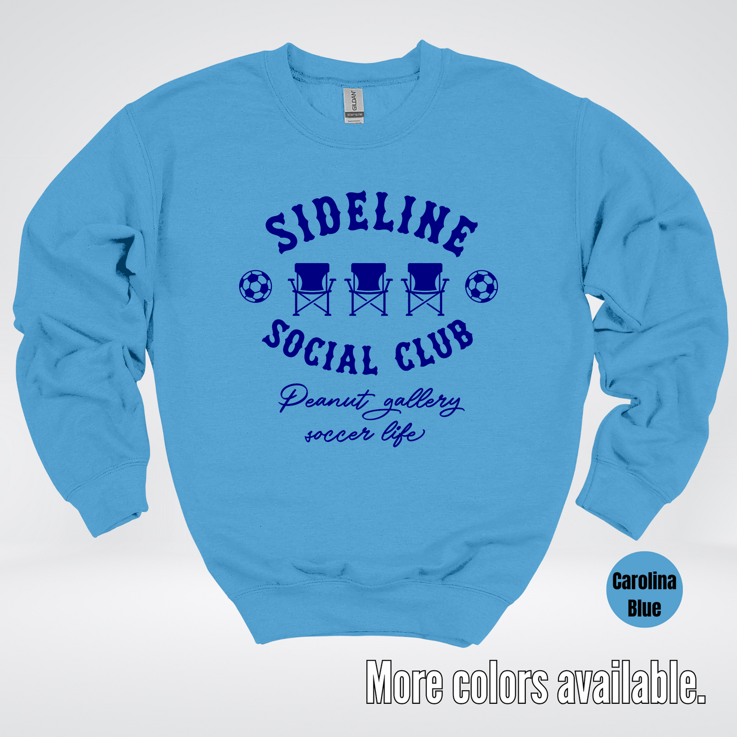 Sideline Social Club Peanut Gallery Soccer Life – Navy Design – Soccer Crewneck Sweatshirt