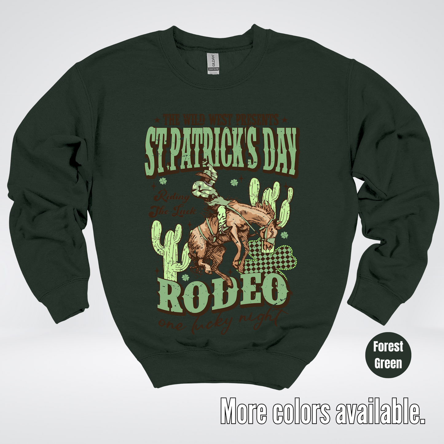 Saint Patrick’s Day Rodeo One Lucky Night Distressed Crewneck Sweatshirt