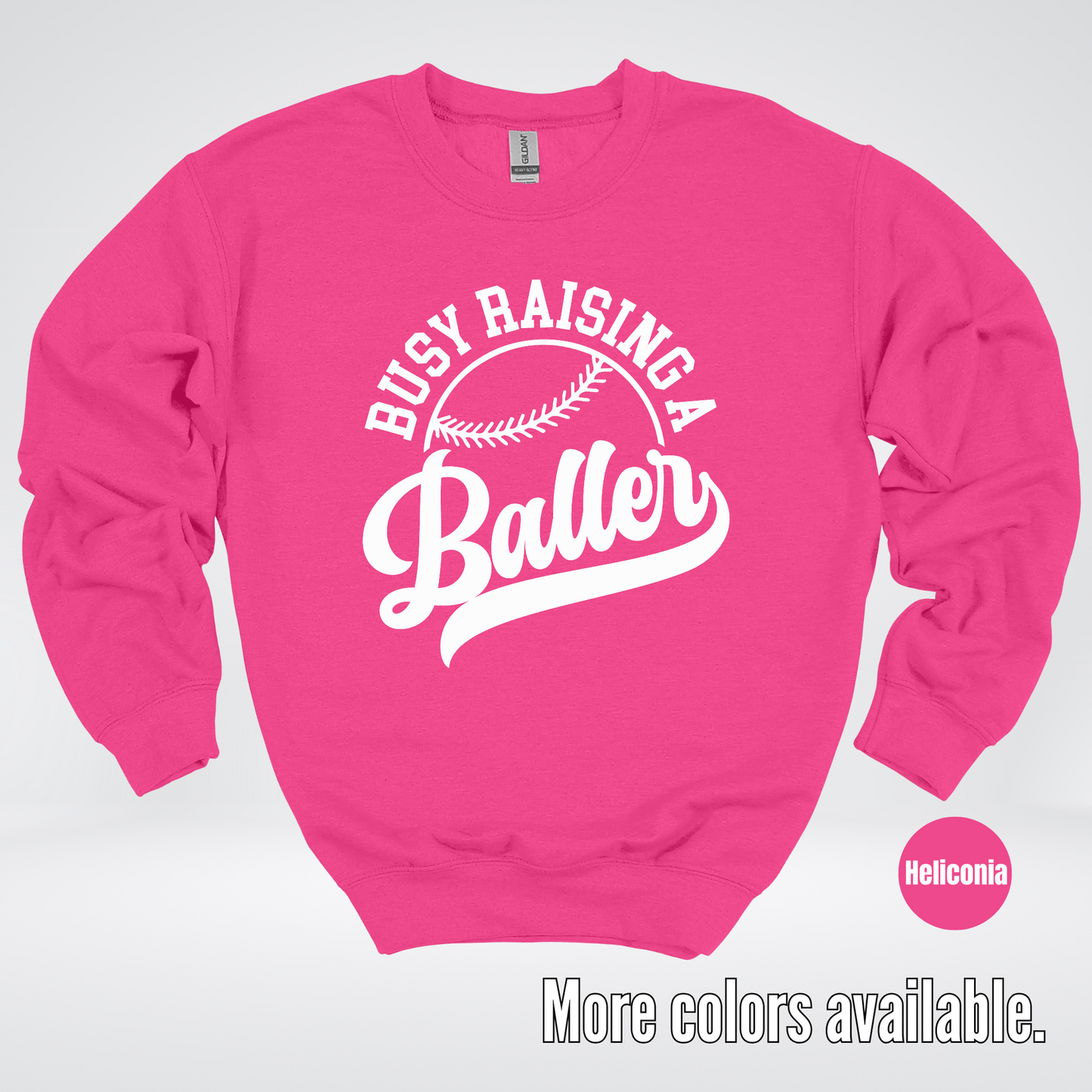 Busy Raising A Baller – White Design – Baseball Softball Crewneck Sweatshirt