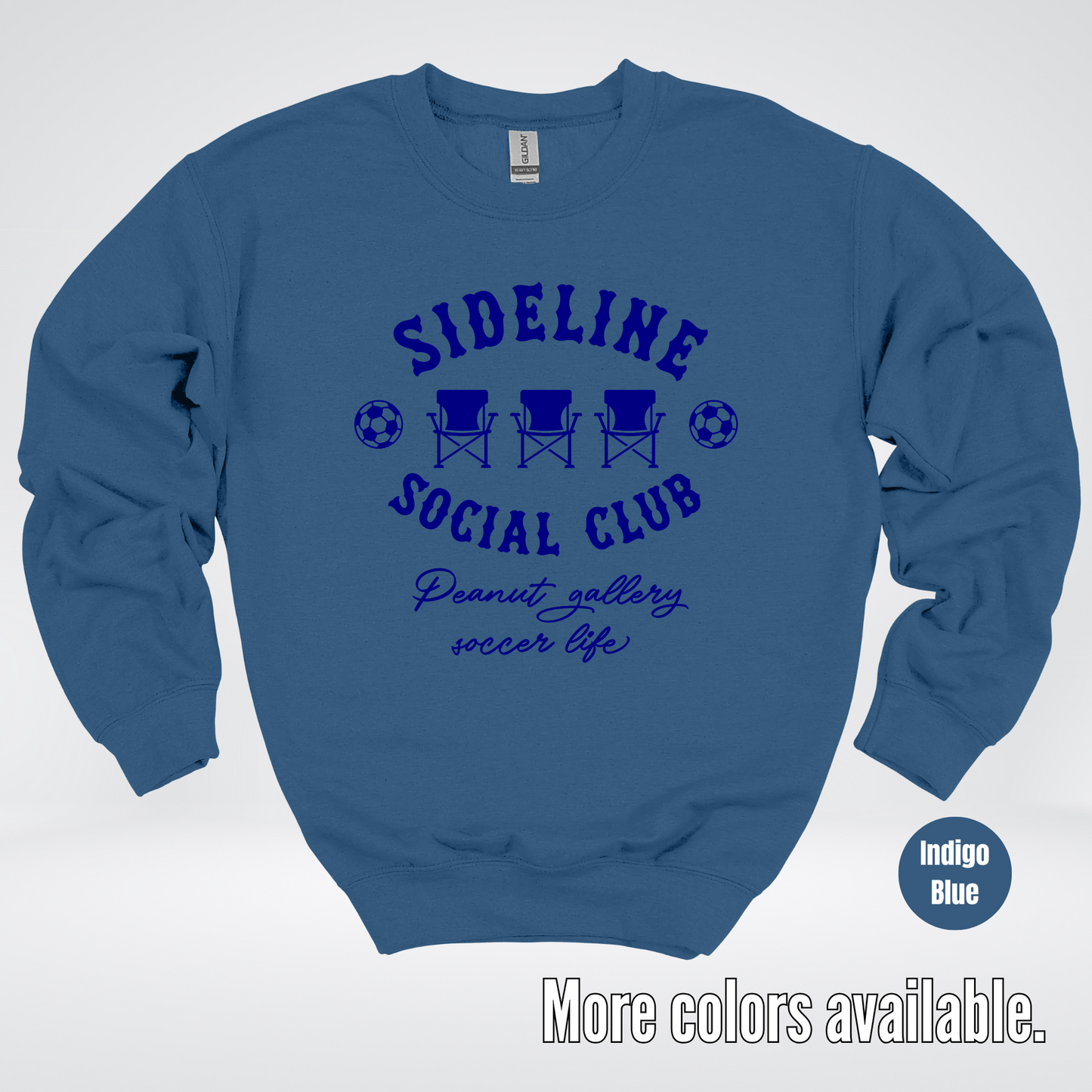 Sideline Social Club Peanut Gallery Soccer Life – Navy Design – Soccer Crewneck Sweatshirt