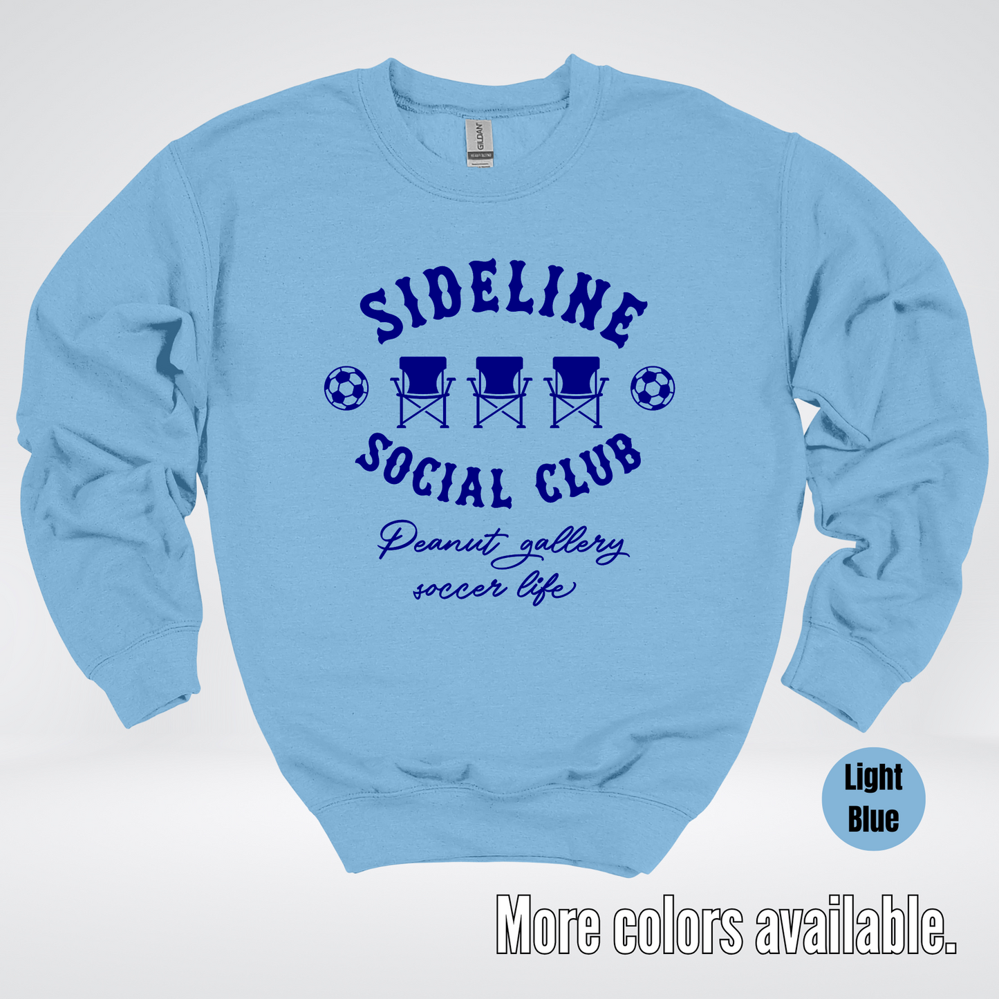 Sideline Social Club Peanut Gallery Soccer Life – Navy Design – Soccer Crewneck Sweatshirt