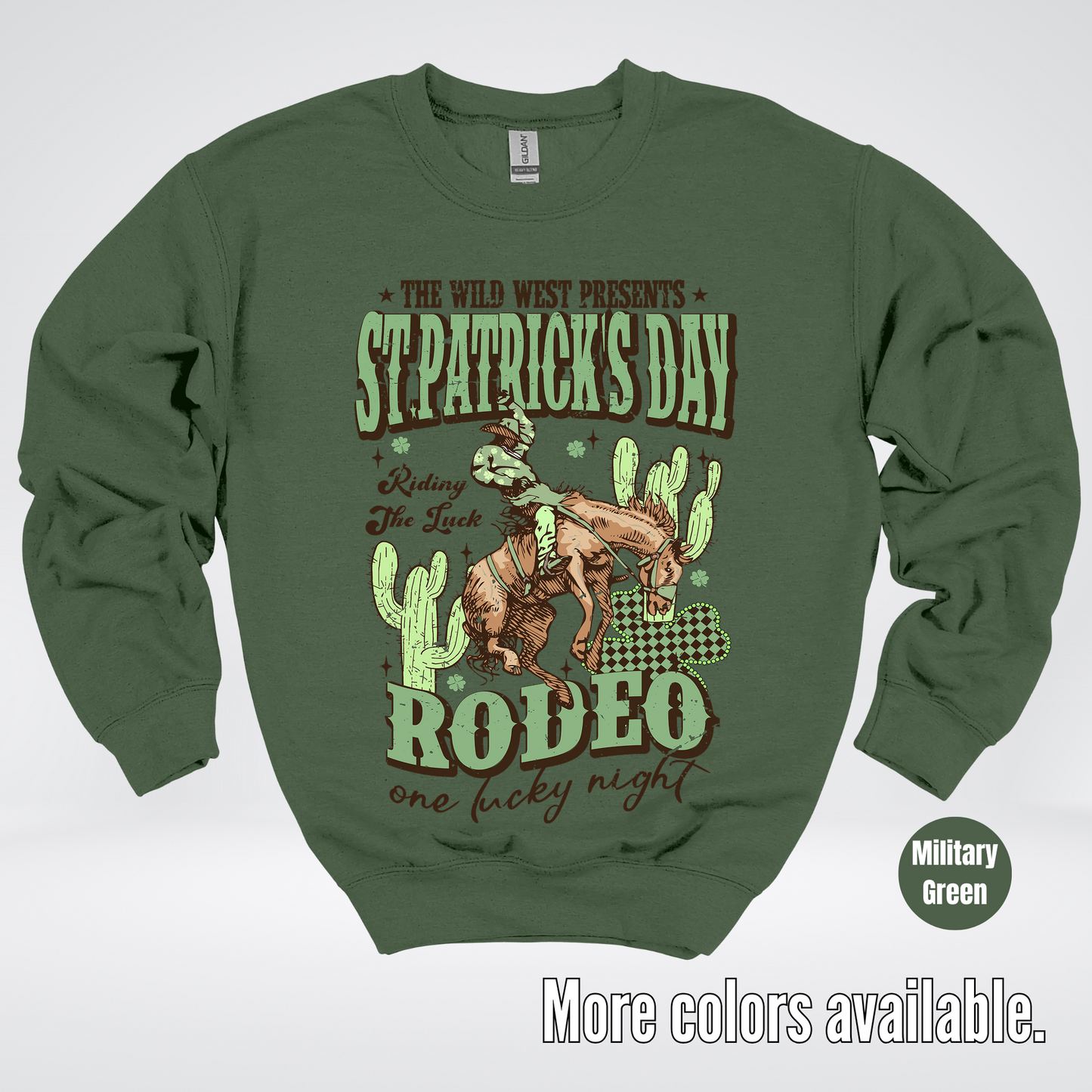 Saint Patrick’s Day Rodeo One Lucky Night Distressed Crewneck Sweatshirt