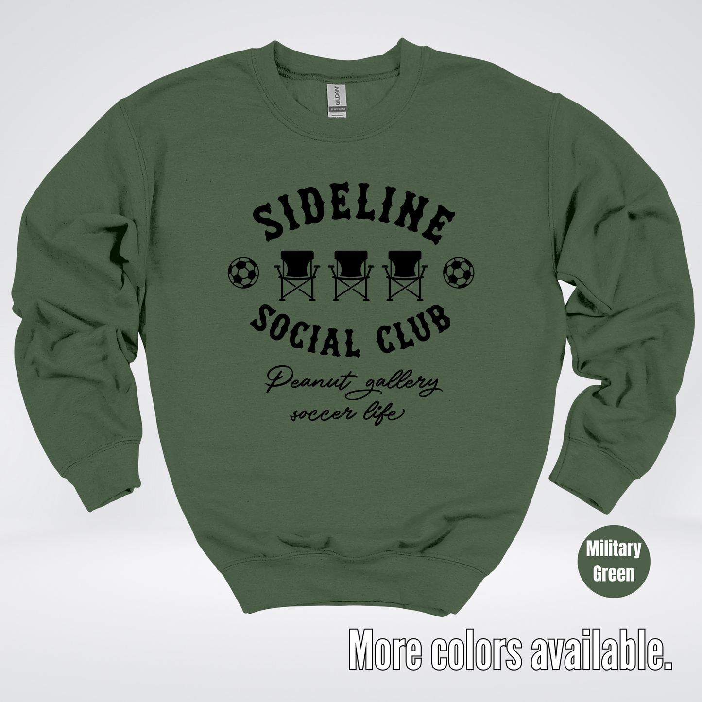 Sideline Social Club Peanut Gallery Soccer Life – Black Design – Crewneck Sweatshirt