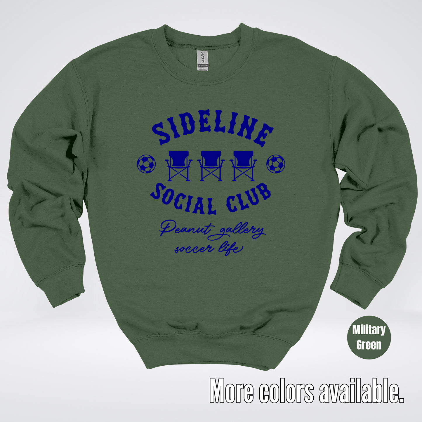 Sideline Social Club Peanut Gallery Soccer Life – Navy Design – Soccer Crewneck Sweatshirt