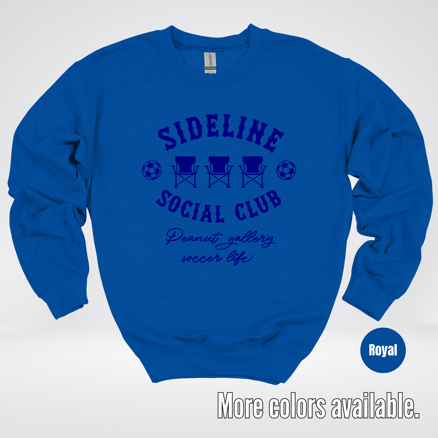 Sideline Social Club Peanut Gallery Soccer Life – Navy Design – Soccer Crewneck Sweatshirt