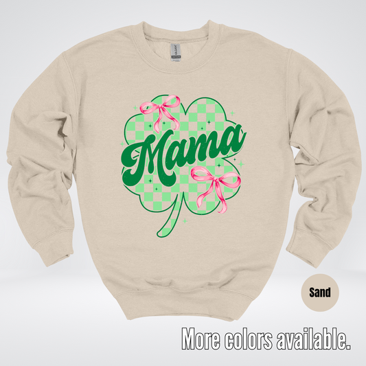 Coquette Mini Pink Bows Checkered Retro Four Leaf Clover Saint Patrick's Day Crewneck Sweatshirt