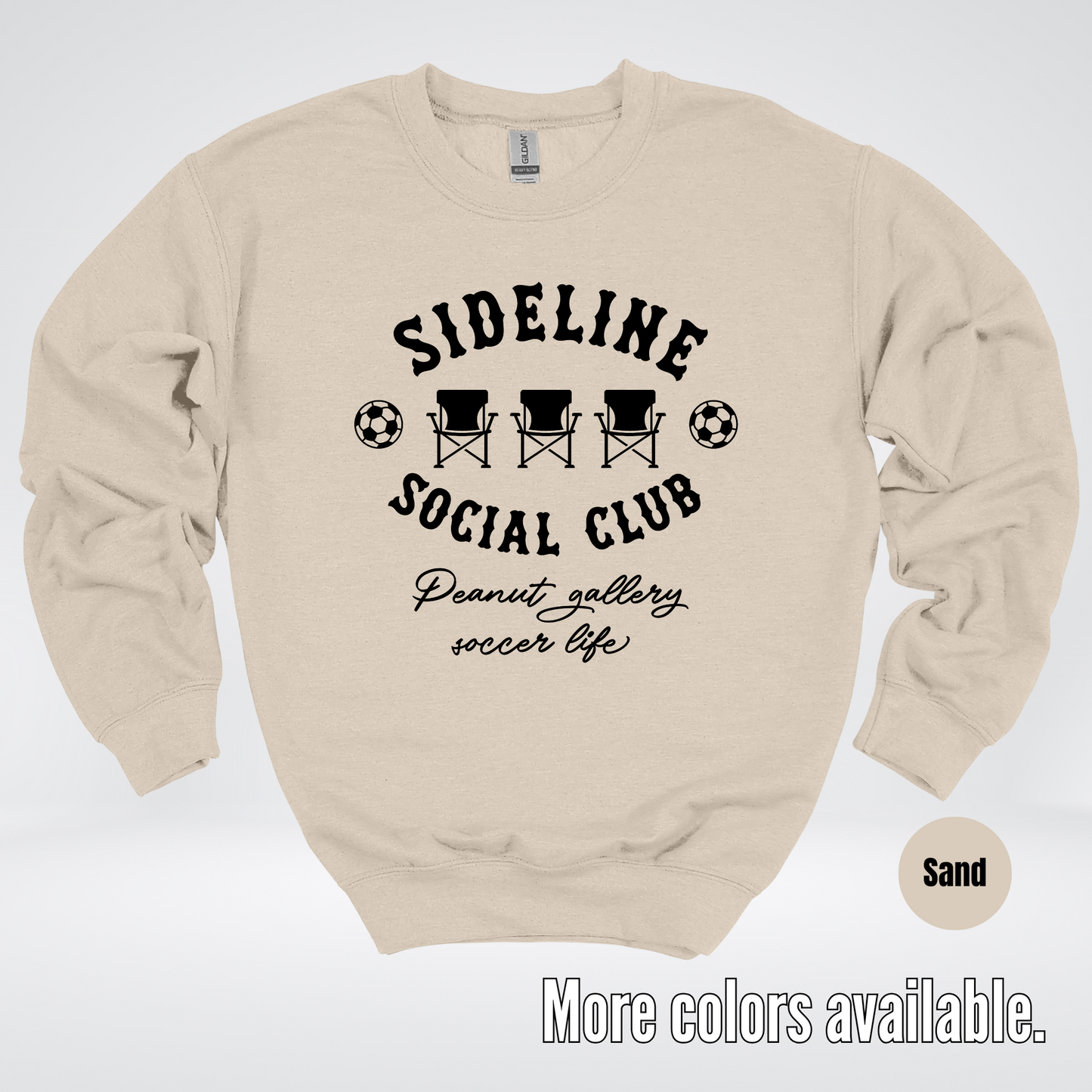 Sideline Social Club Peanut Gallery Soccer Life – Black Design – Crewneck Sweatshirt