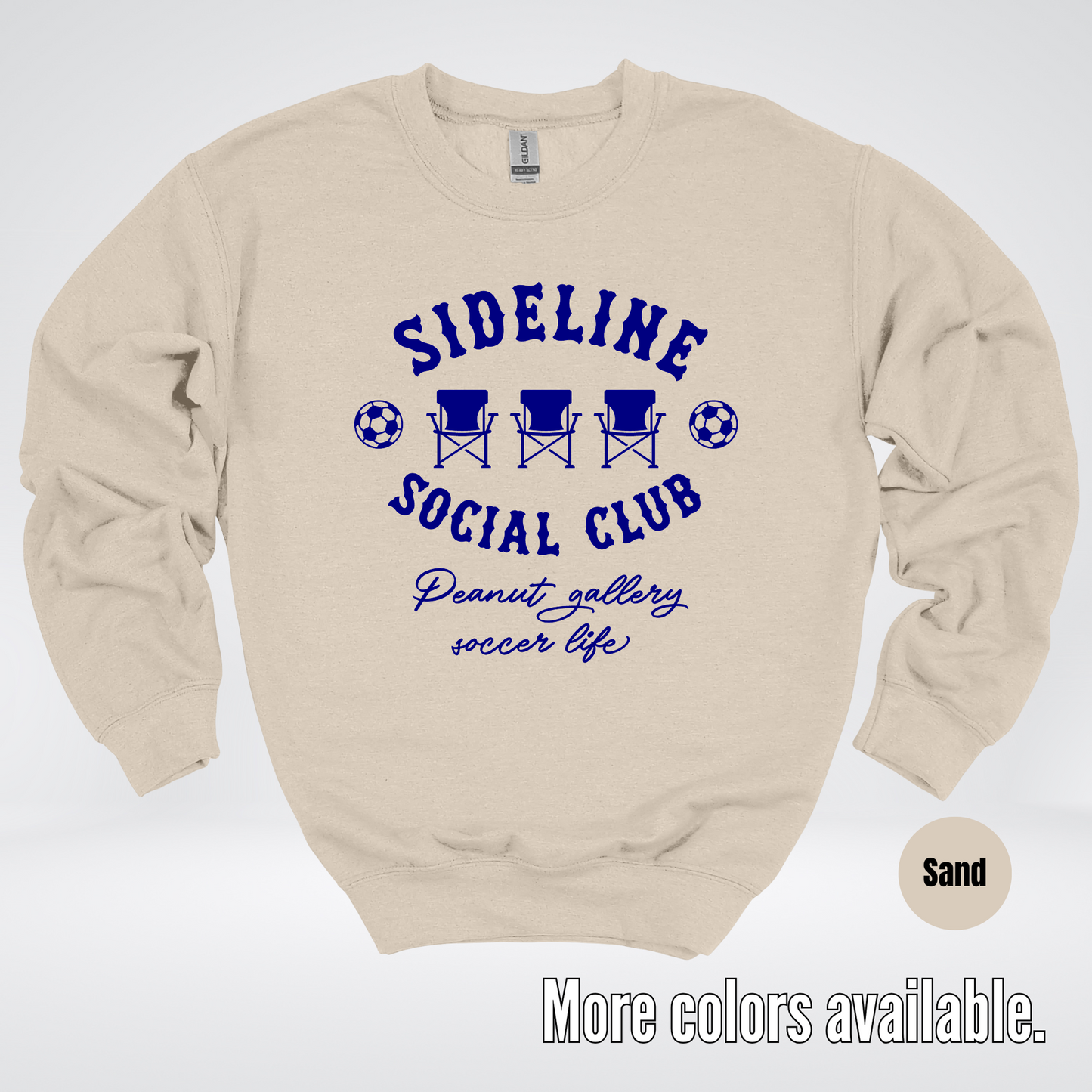 Sideline Social Club Peanut Gallery Soccer Life – Navy Design – Soccer Crewneck Sweatshirt