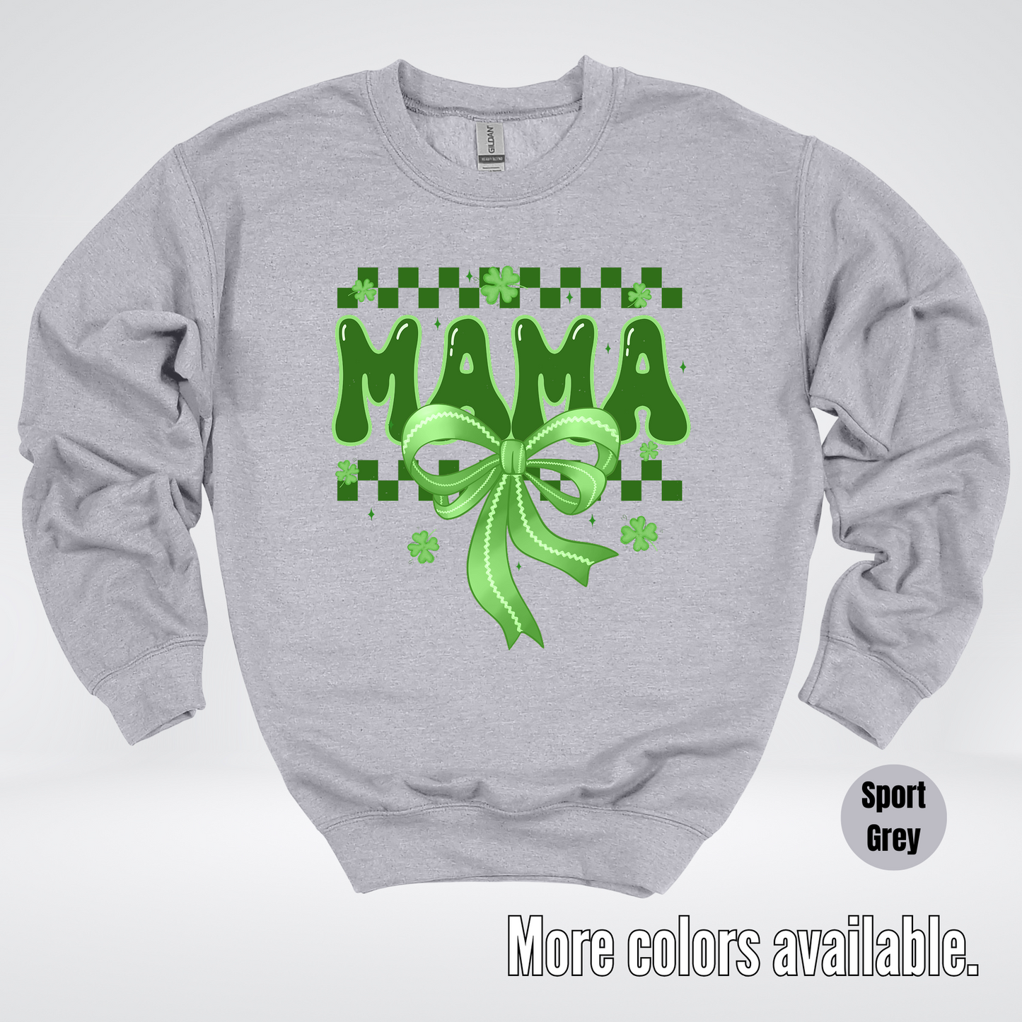Mama Coquette Green Bow Checkered Retro Four Leaf Clovers Crewneck Sweatshirt