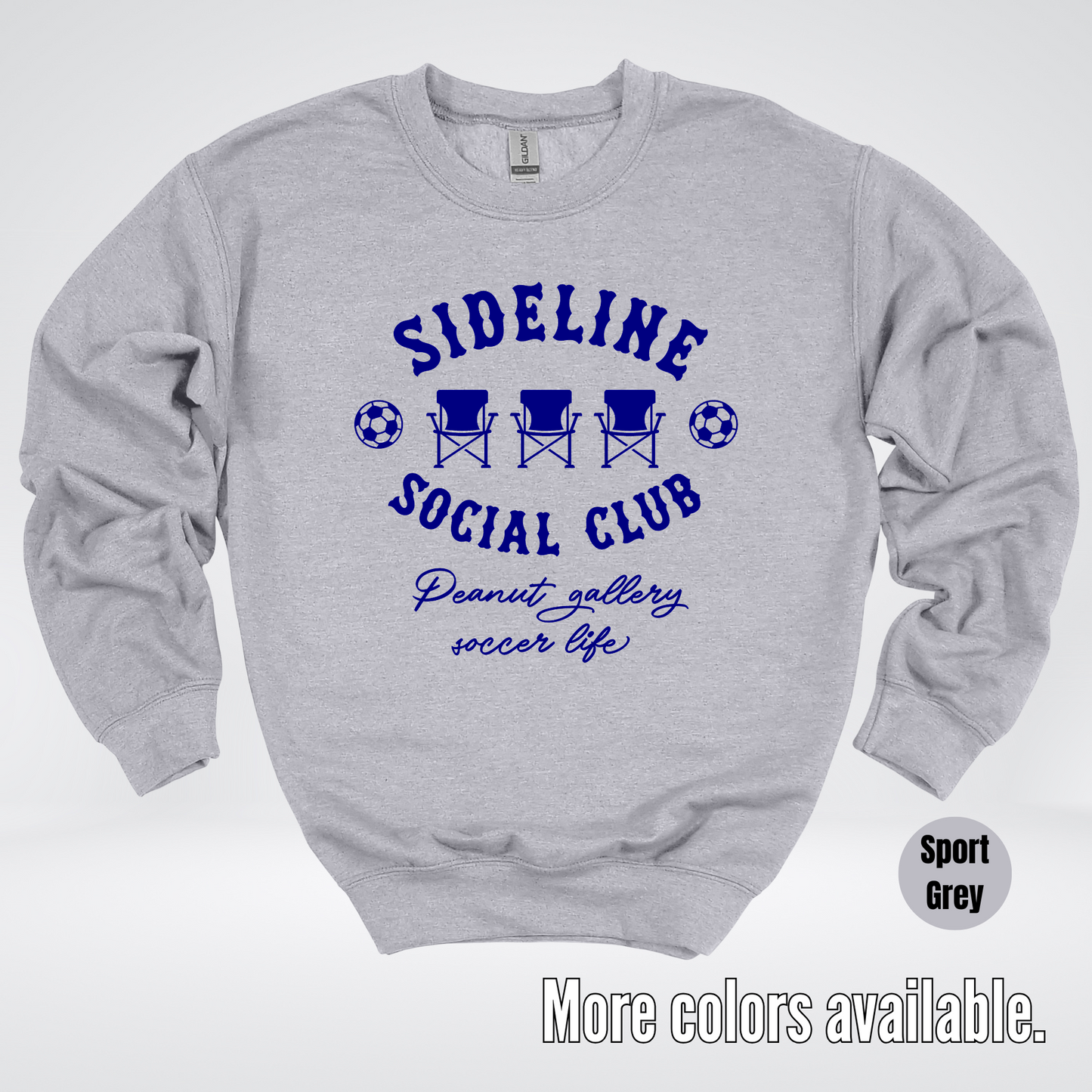 Sideline Social Club Peanut Gallery Soccer Life – Navy Design – Soccer Crewneck Sweatshirt