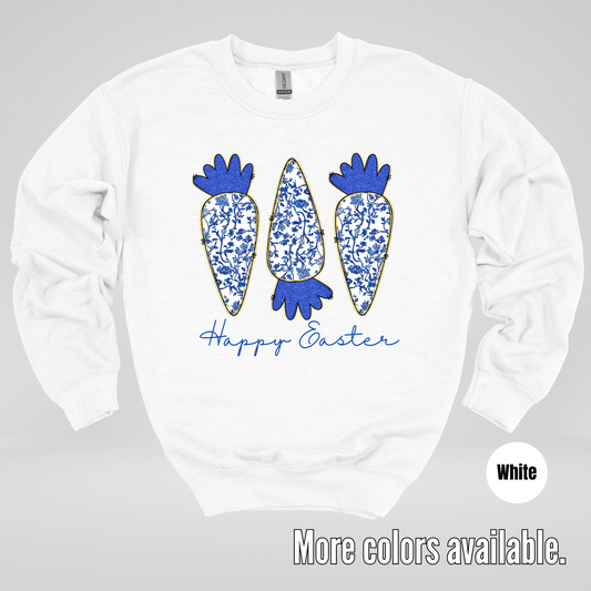 Blue Toile Chinoiserie Grandmillennial Happy Easter And Carrots Crewneck Sweatshirt
