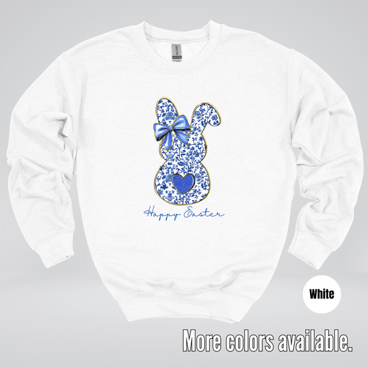 Happy Easter Bunny Blue Toile Chinoiserie Grand Millennial Crewneck Sweatshirt