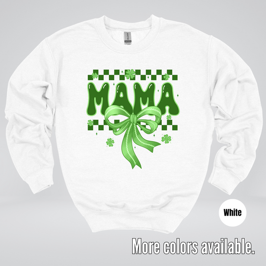 Mama Coquette Green Bow Checkered Retro Four Leaf Clovers Crewneck Sweatshirt