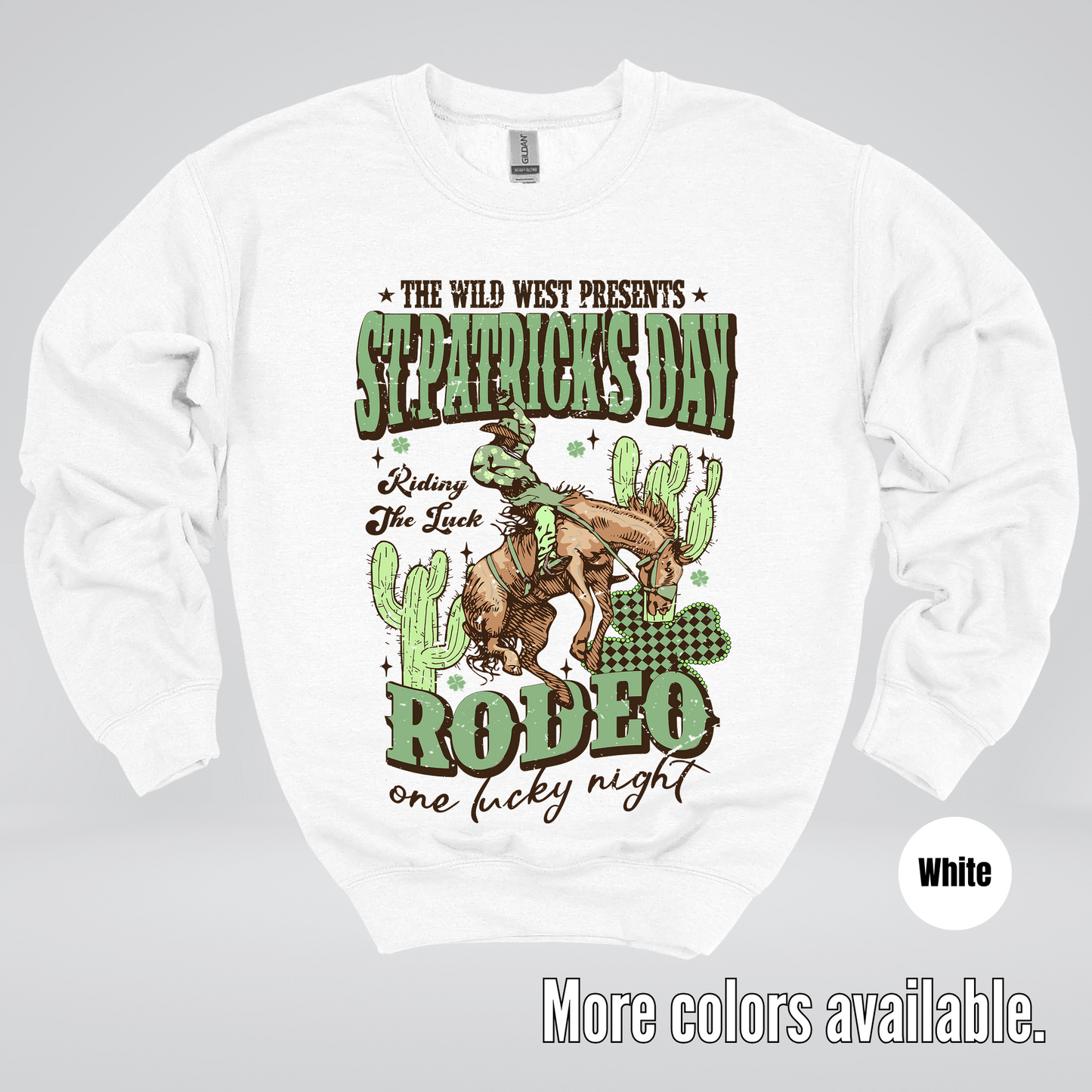 Saint Patrick’s Day Rodeo One Lucky Night Distressed Crewneck Sweatshirt