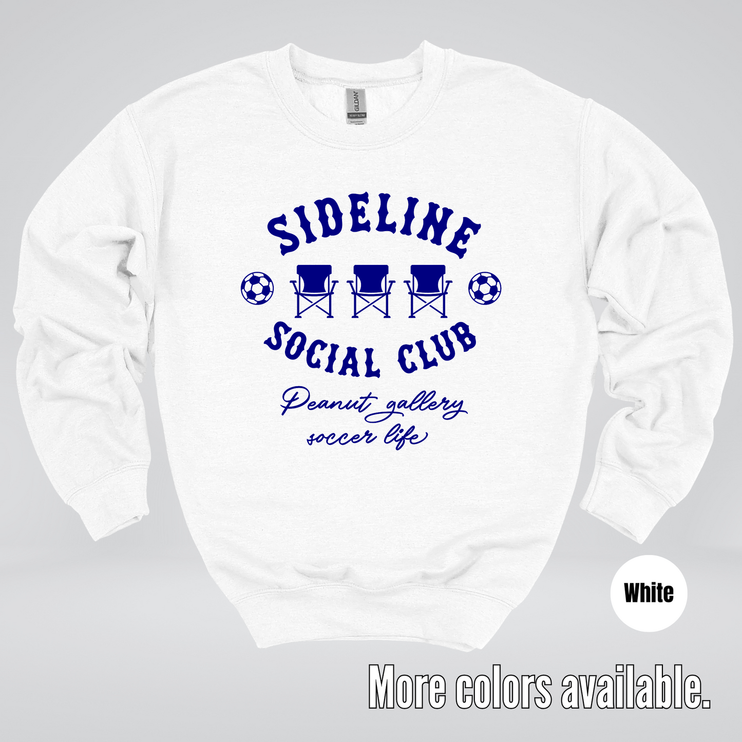 Sideline Social Club Peanut Gallery Soccer Life – Navy Design – Soccer Crewneck Sweatshirt