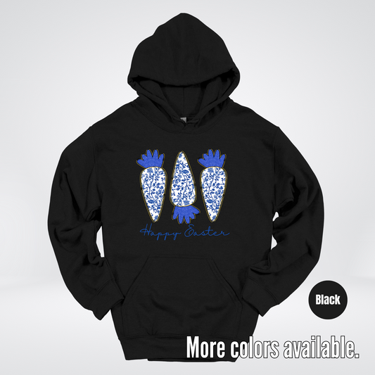 Blue Toile Chinoiserie Grandmillennial Happy Easter And Carrots Hoodie