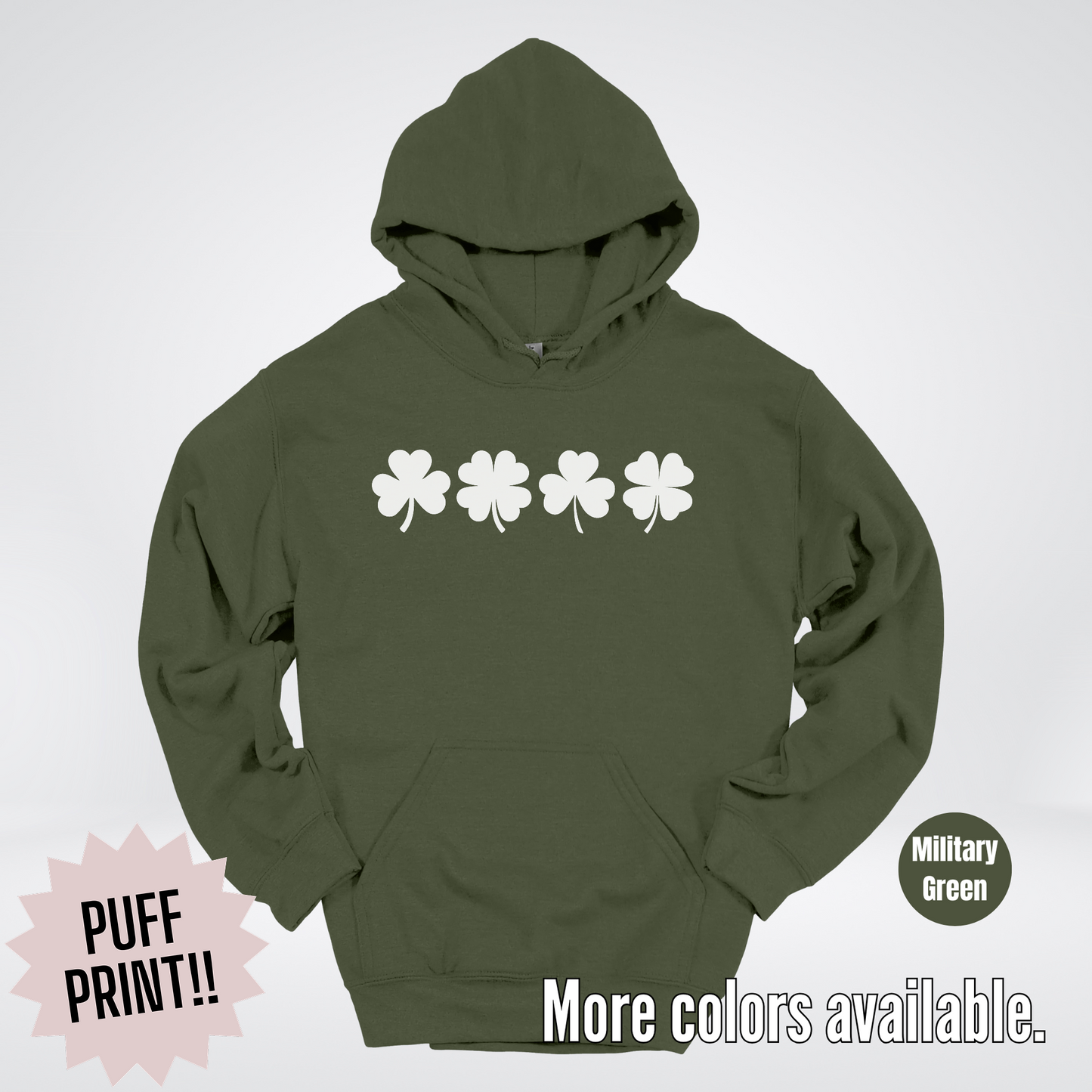 Four Puff Print Clovers - White Design - St. Patrick's Day Hoodie