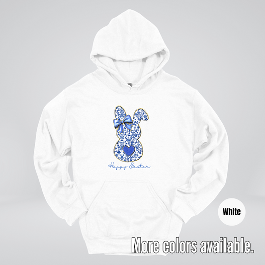 Happy Easter Bunny Blue Toile Chinoiserie Grand Millennial Hoodie