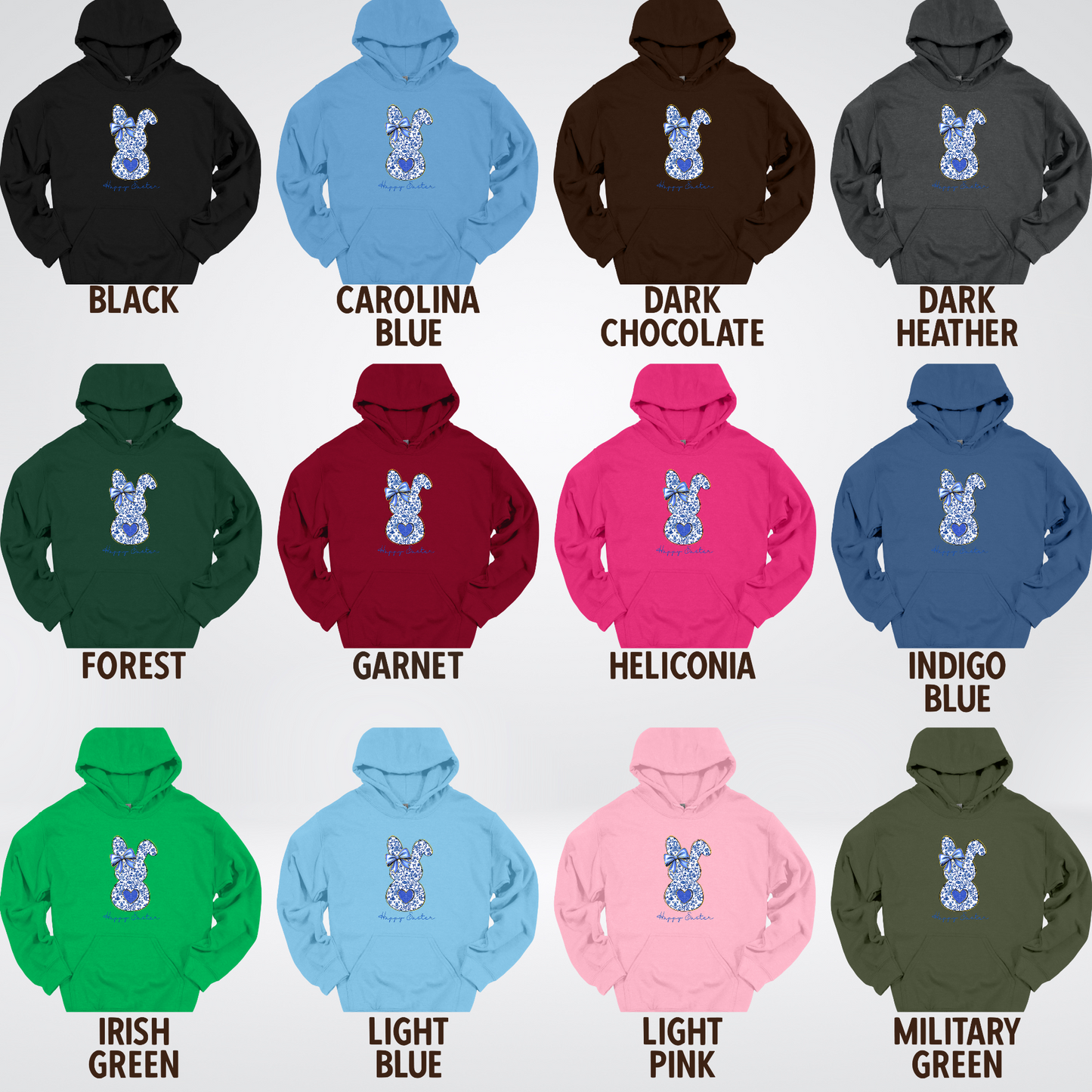 Happy Easter Bunny Blue Toile Chinoiserie Grand Millennial Hoodie