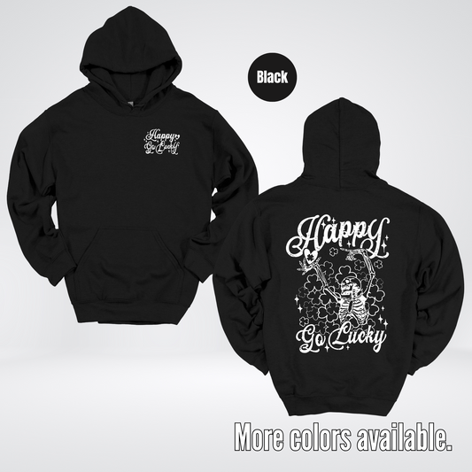 Happy Go Lucky Clovers And A Skeleton – White Design – Saint Patrick’s Day Hoodie