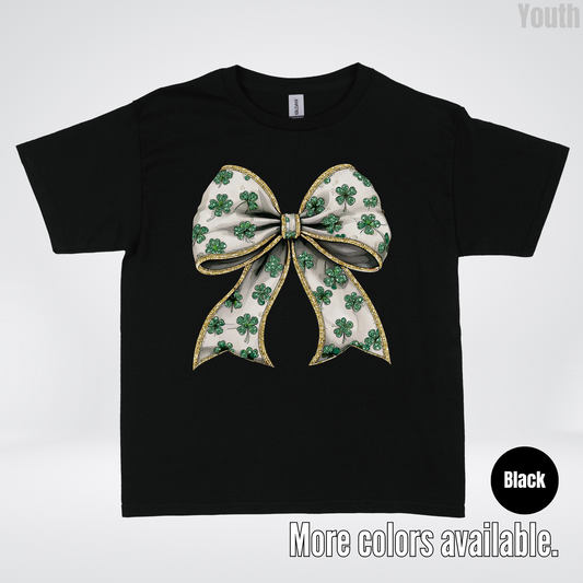 Lucky Clover Green Coquette Glitter Bow – Saint Patrick’s Day Youth T-Shirt