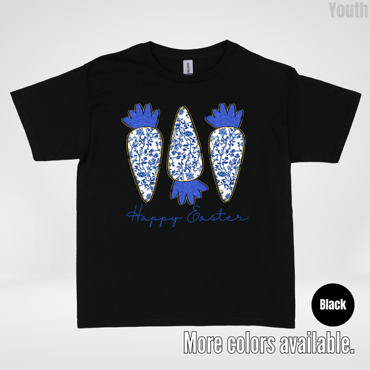 Blue Toile Chinoiserie Grandmillennial Happy Easter And Carrots Youth T-Shirt