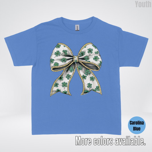 Lucky Clover Green Coquette Glitter Bow – Saint Patrick’s Day Youth T-Shirt