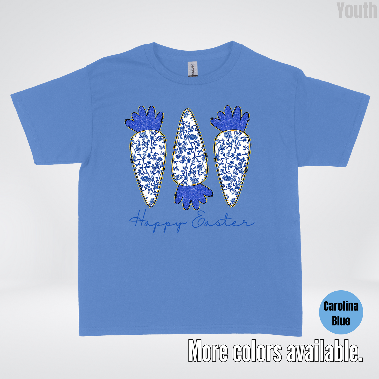 Blue Toile Chinoiserie Grandmillennial Happy Easter And Carrots Youth T-Shirt