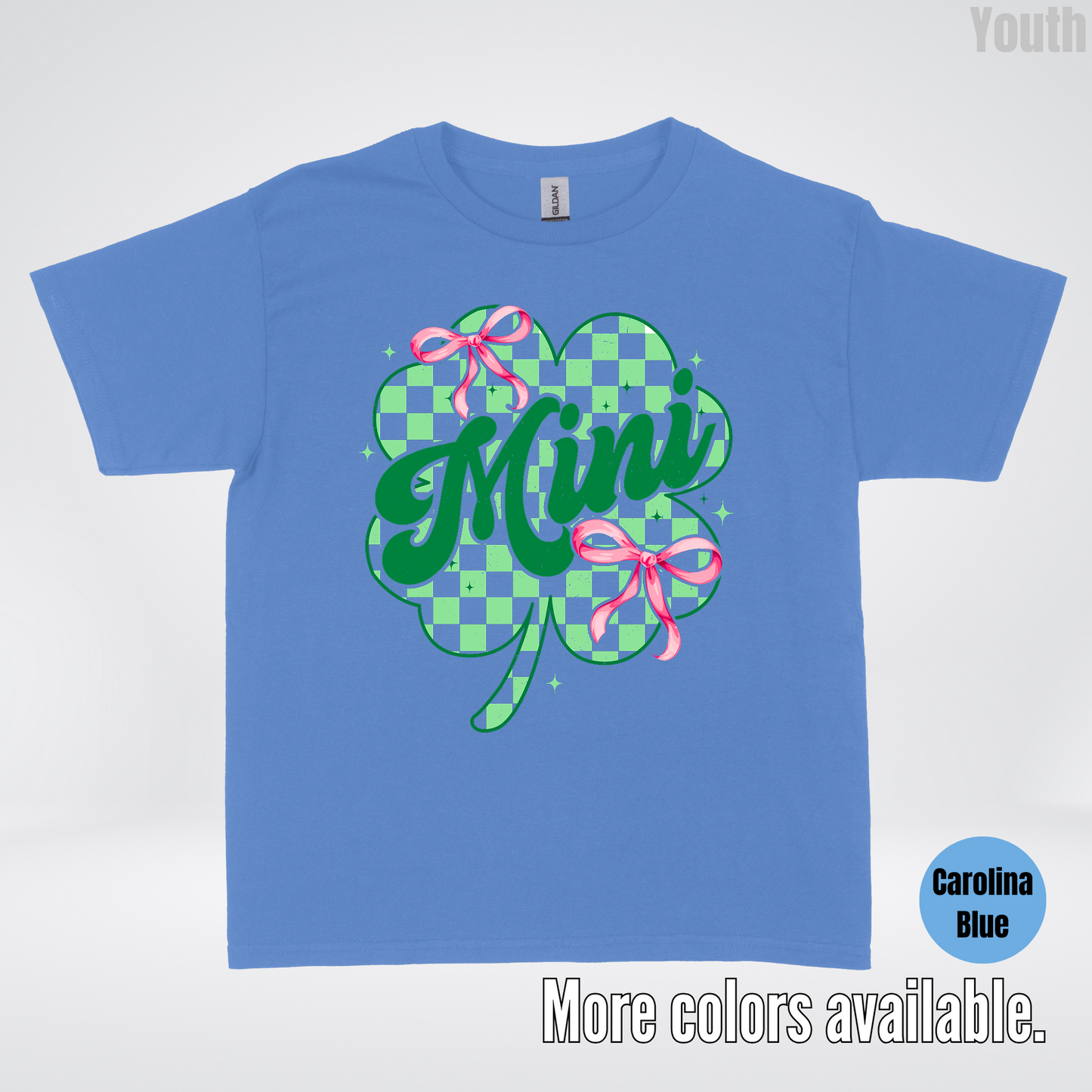 Coquette Mini Pink Bows Checkered Retro Four Leaf Clover Saint Patrick's Day Youth T-Shirt