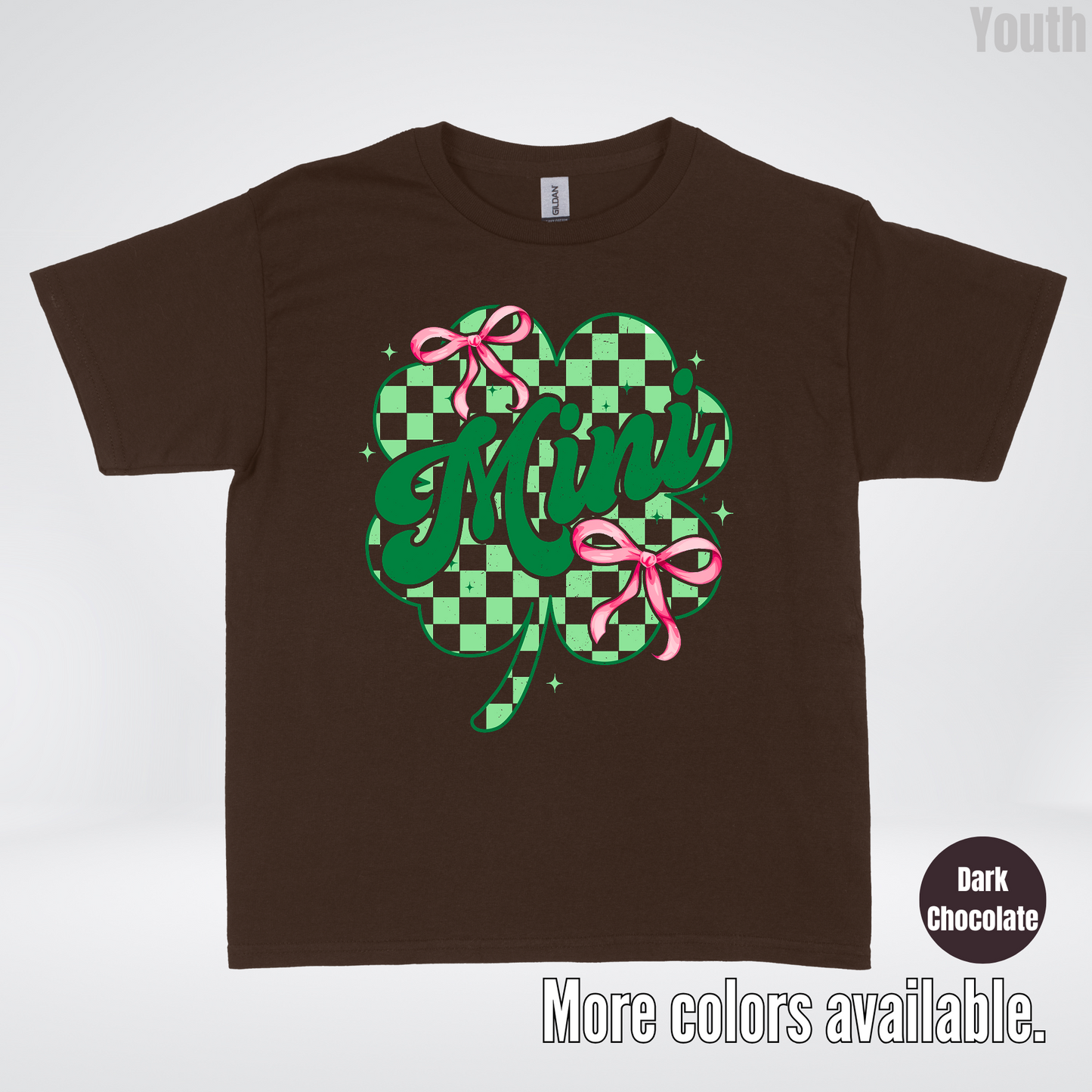 Coquette Mini Pink Bows Checkered Retro Four Leaf Clover Saint Patrick's Day Youth T-Shirt