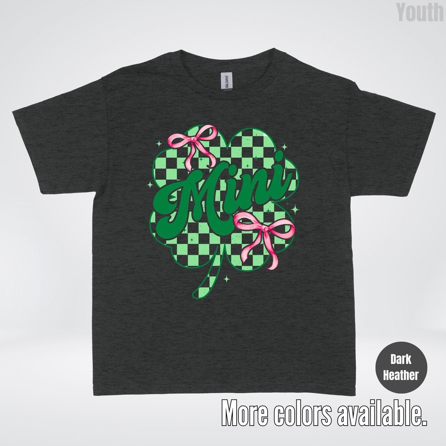 Coquette Mini Pink Bows Checkered Retro Four Leaf Clover Saint Patrick's Day Youth T-Shirt