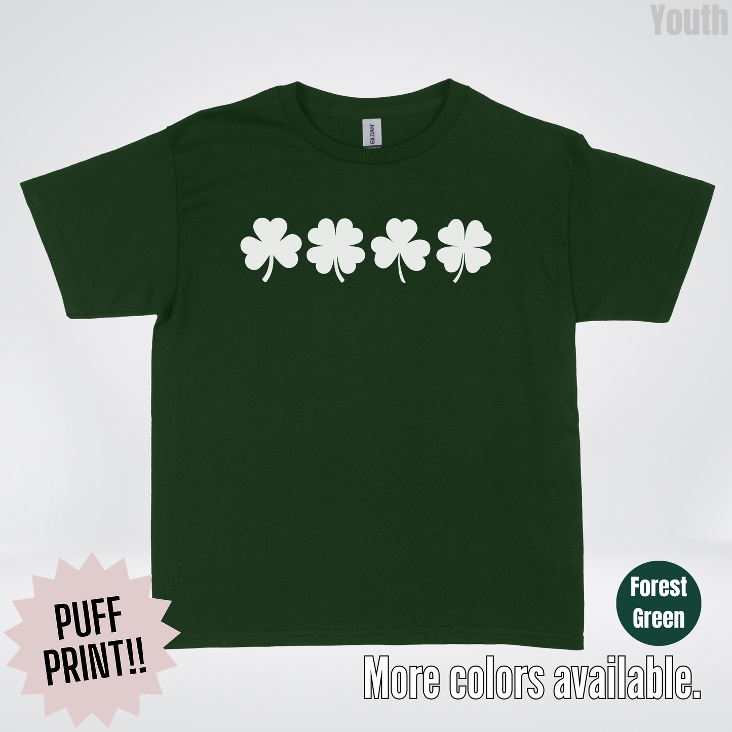 Four Puff Print Clovers - White Design - St. Patrick's Day Youth T-Shirt