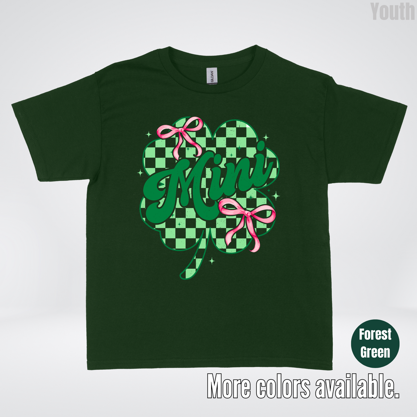 Coquette Mini Pink Bows Checkered Retro Four Leaf Clover Saint Patrick's Day Youth T-Shirt