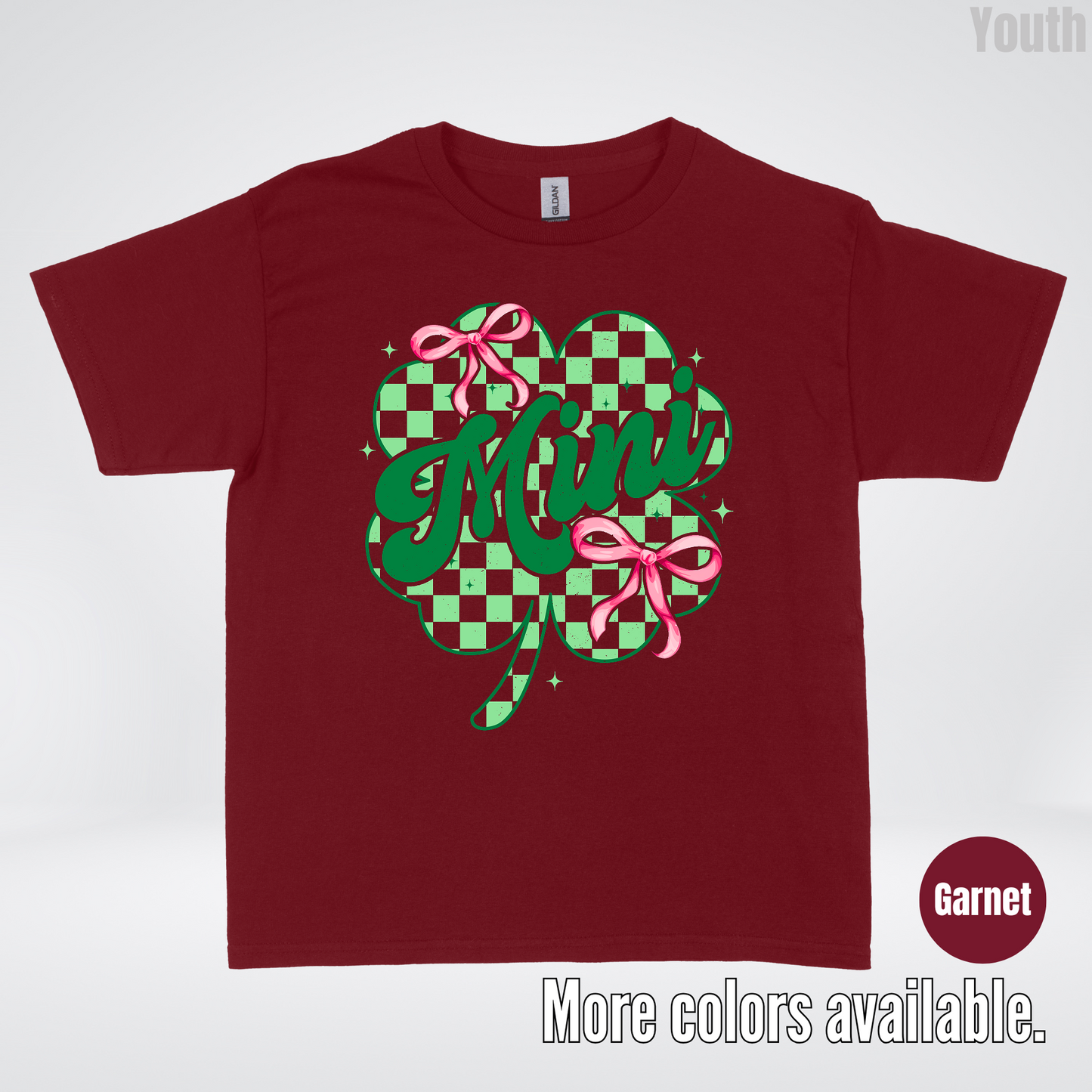 Coquette Mini Pink Bows Checkered Retro Four Leaf Clover Saint Patrick's Day Youth T-Shirt