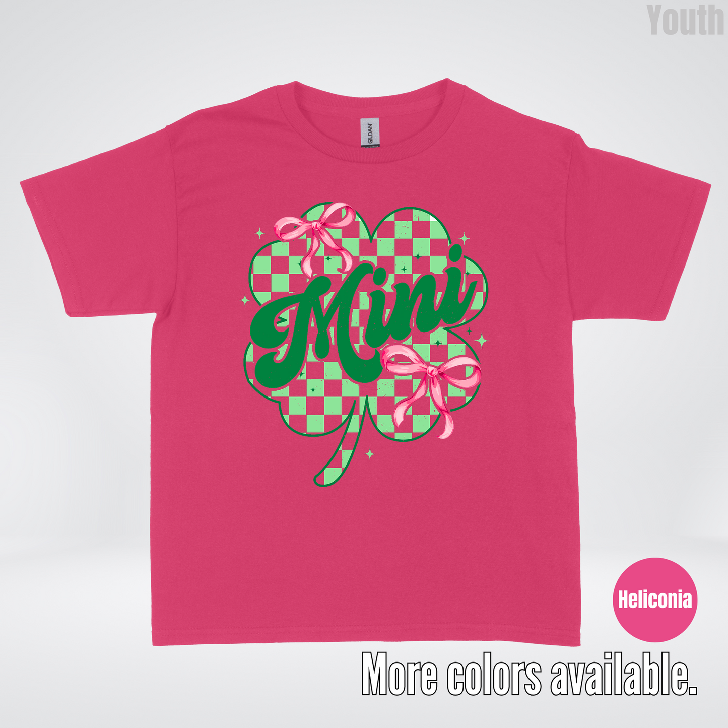 Coquette Mini Pink Bows Checkered Retro Four Leaf Clover Saint Patrick's Day Youth T-Shirt