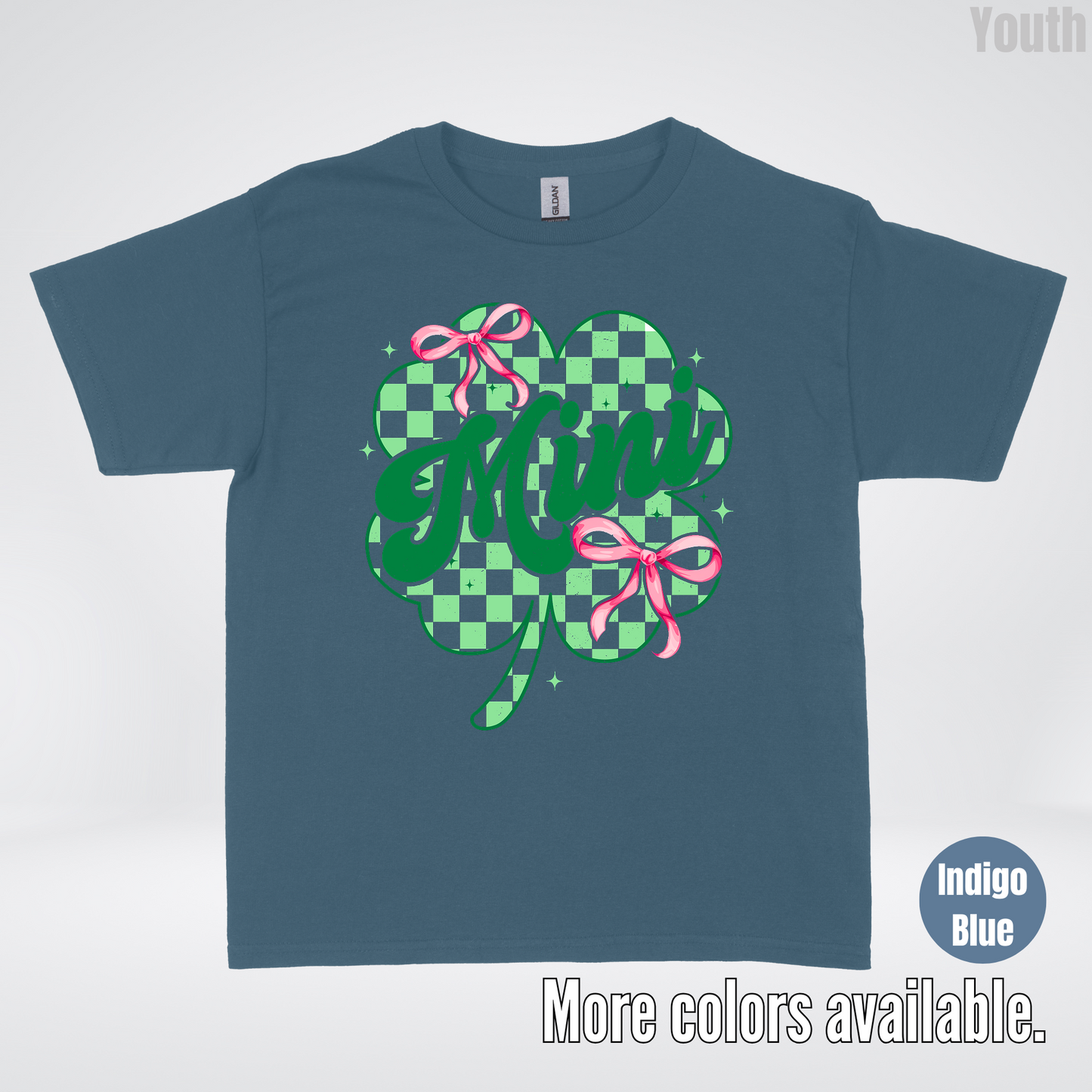 Coquette Mini Pink Bows Checkered Retro Four Leaf Clover Saint Patrick's Day Youth T-Shirt