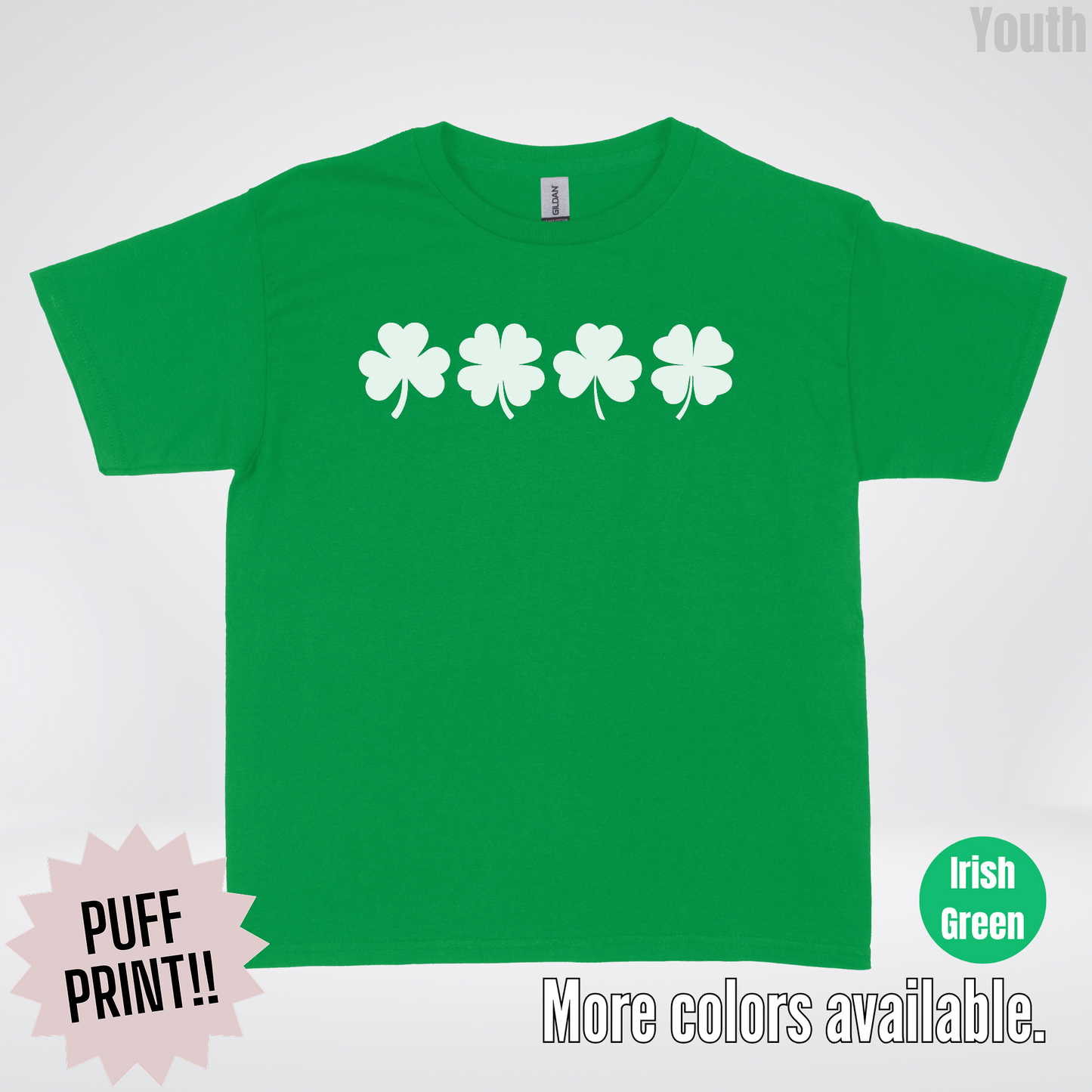 Four Puff Print Clovers - White Design - St. Patrick's Day Youth T-Shirt