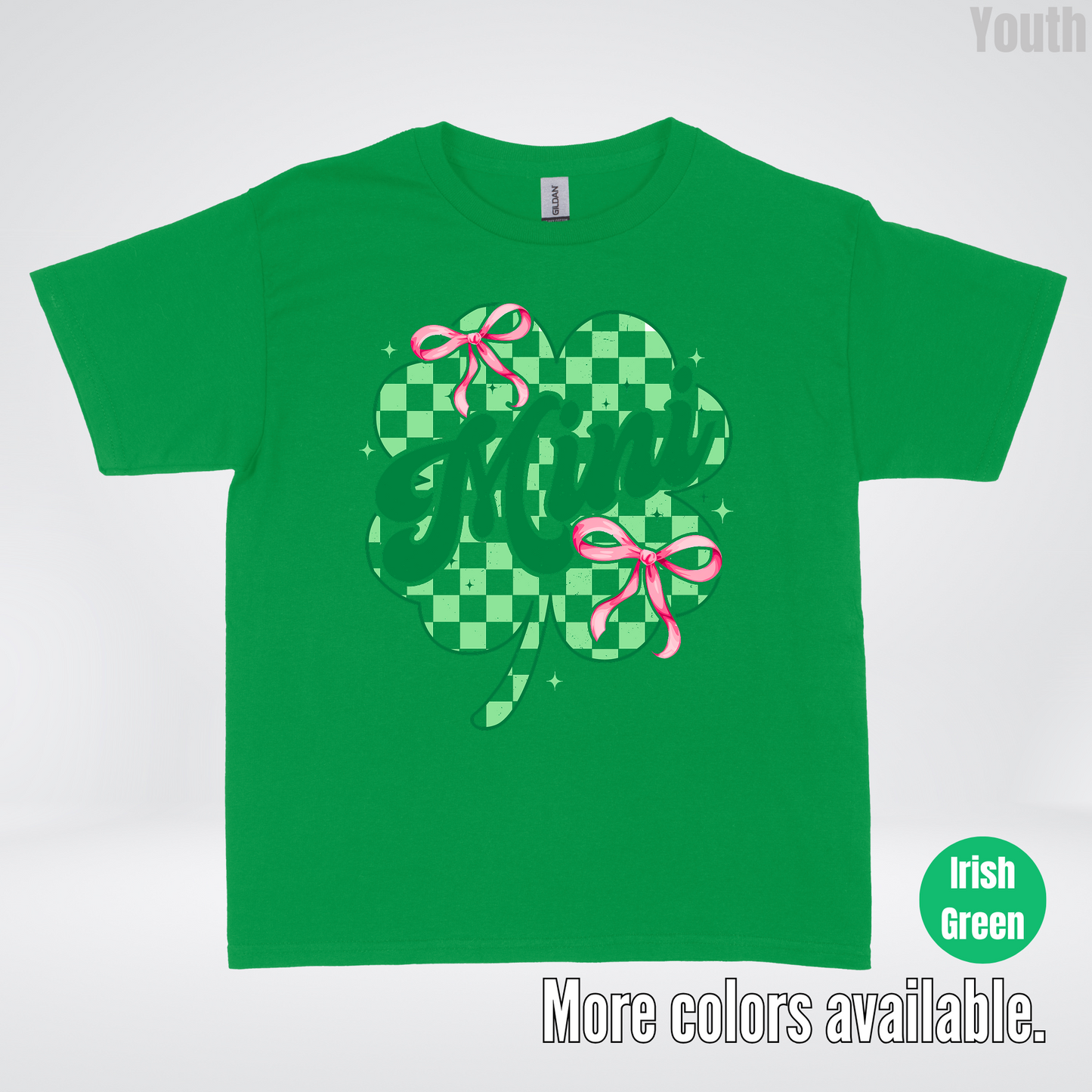 Coquette Mini Pink Bows Checkered Retro Four Leaf Clover Saint Patrick's Day Youth T-Shirt