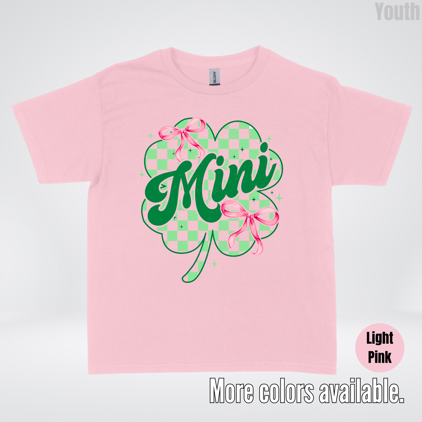 Coquette Mini Pink Bows Checkered Retro Four Leaf Clover Saint Patrick's Day Youth T-Shirt