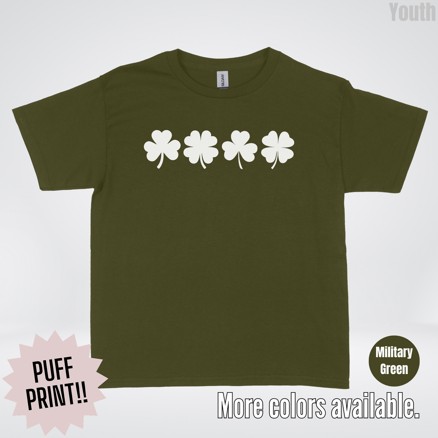 Four Puff Print Clovers - White Design - St. Patrick's Day Youth T-Shirt