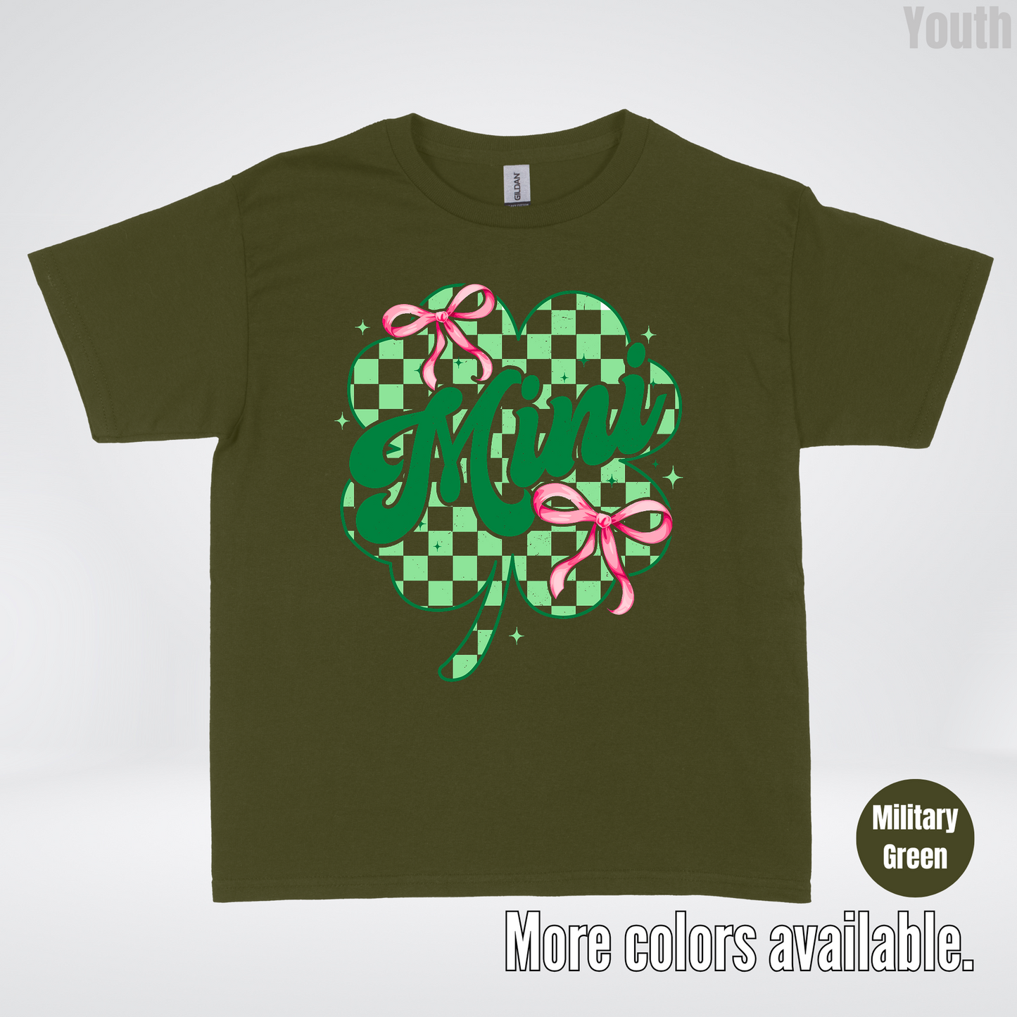 Coquette Mini Pink Bows Checkered Retro Four Leaf Clover Saint Patrick's Day Youth T-Shirt