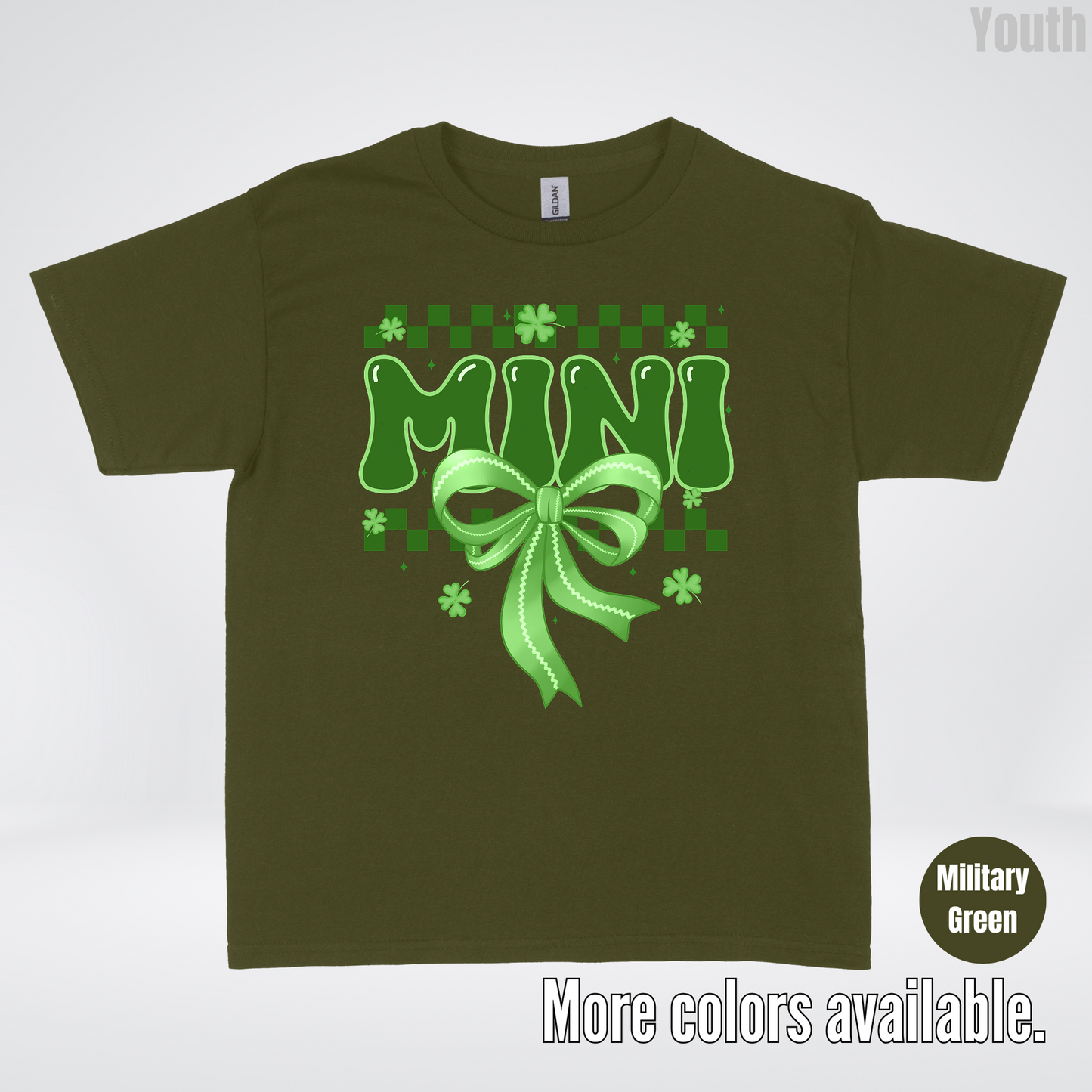 Mini Coquette Green Bow Checkered Retro Four Leaf Clovers Youth T-Shirt