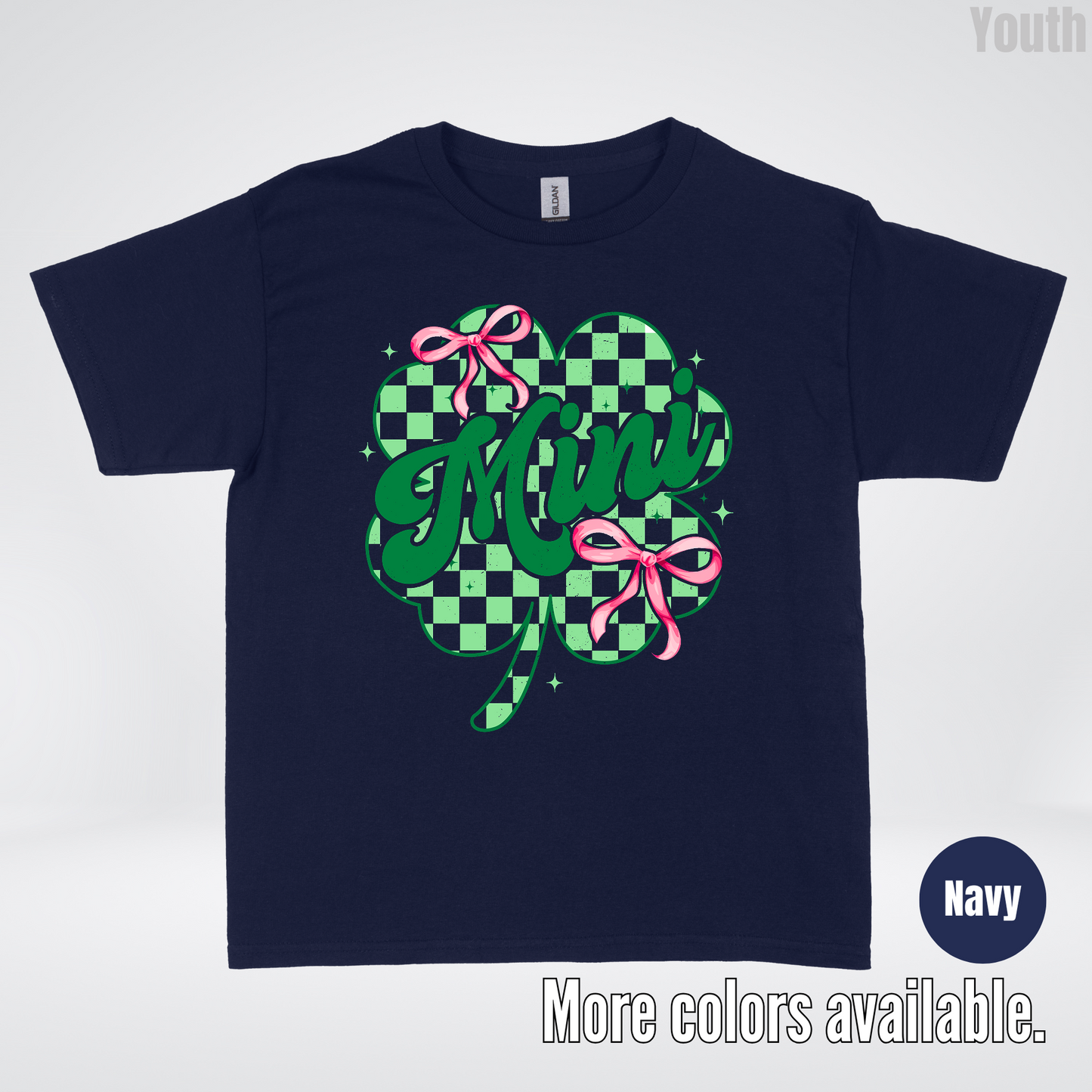 Coquette Mini Pink Bows Checkered Retro Four Leaf Clover Saint Patrick's Day Youth T-Shirt