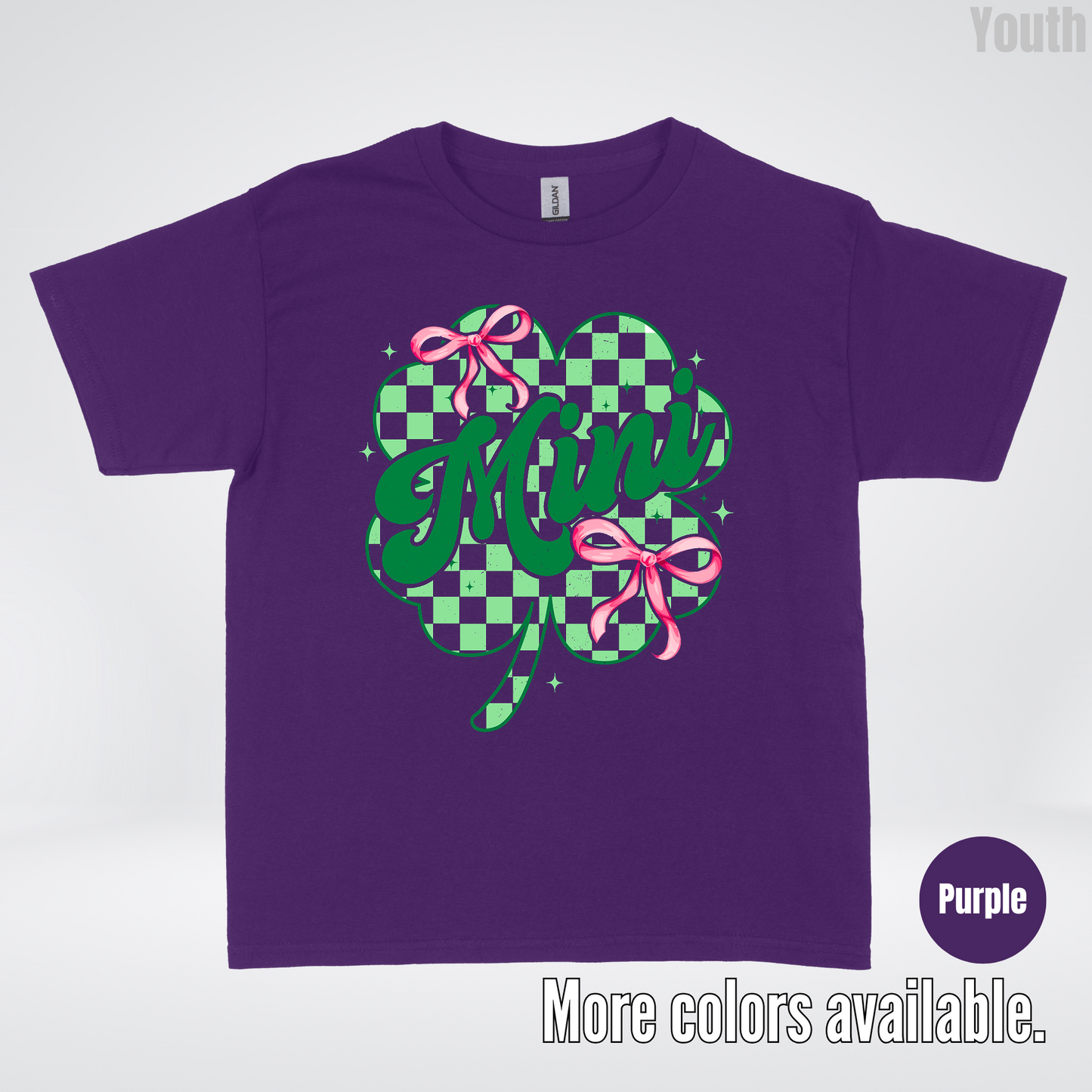 Coquette Mini Pink Bows Checkered Retro Four Leaf Clover Saint Patrick's Day Youth T-Shirt