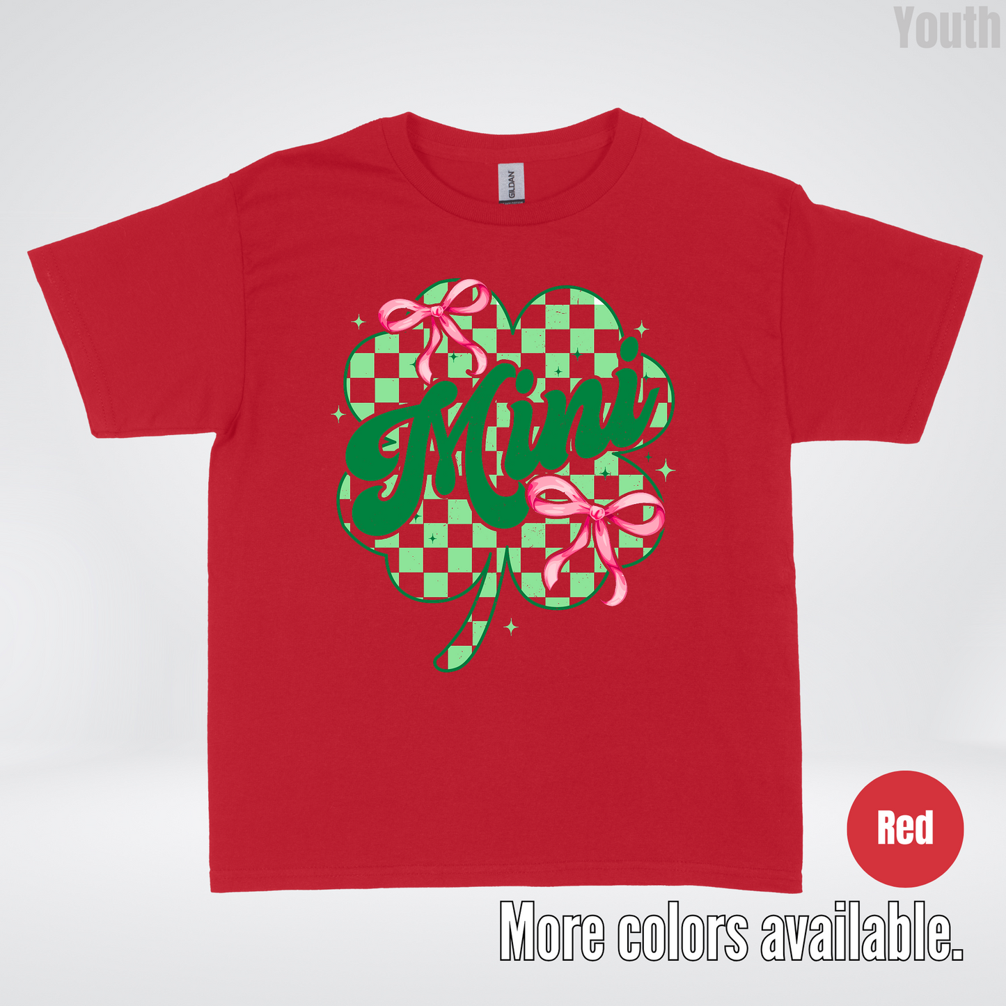 Coquette Mini Pink Bows Checkered Retro Four Leaf Clover Saint Patrick's Day Youth T-Shirt